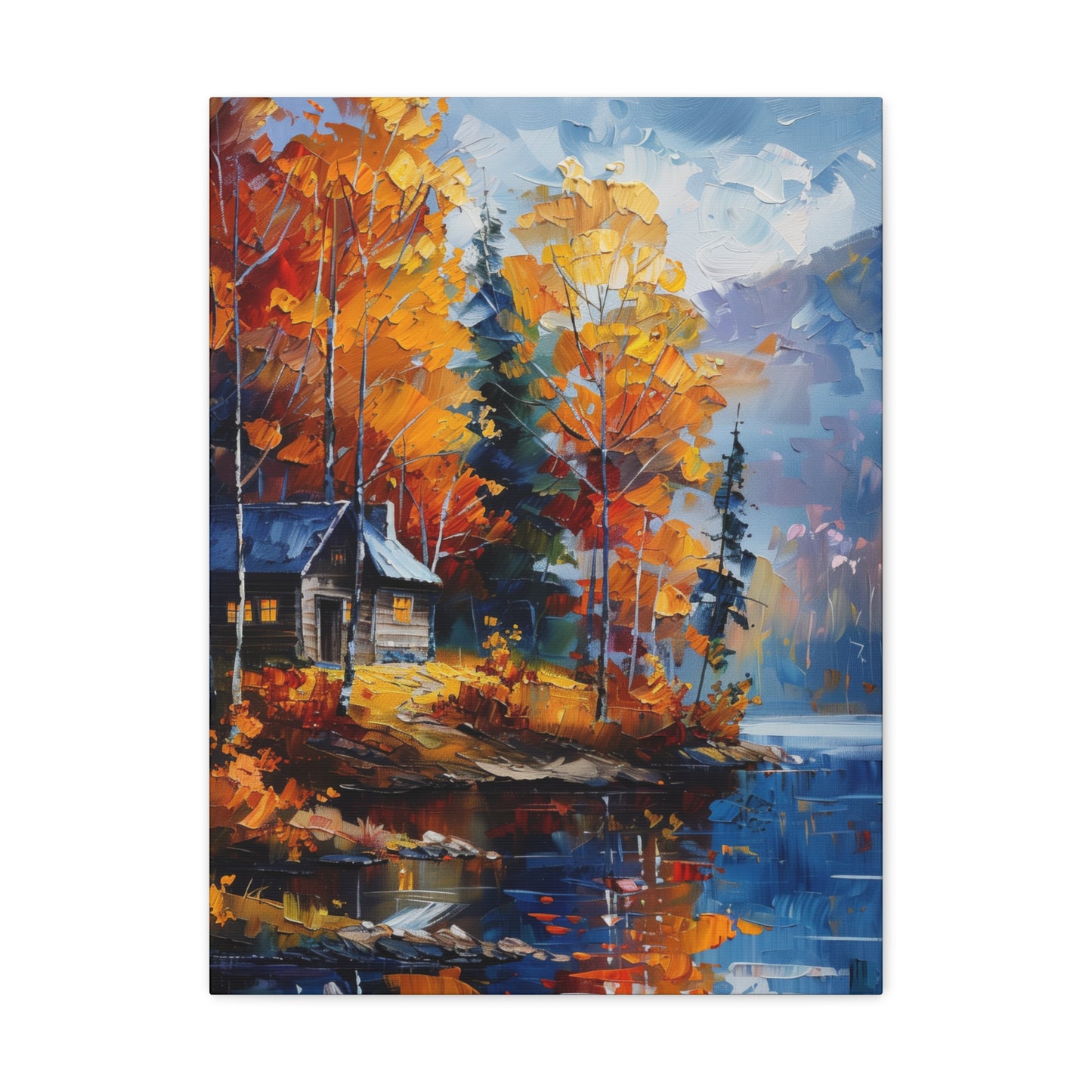 a house near the river which flows through autumn forest - Leonid Afremov Style Digital Print Canvas Gallery Wraps