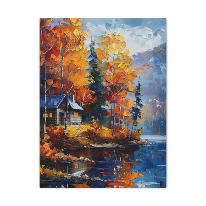 a house near the river which flows through autumn forest - Leonid Afremov Style Digital Print Canvas Gallery Wraps