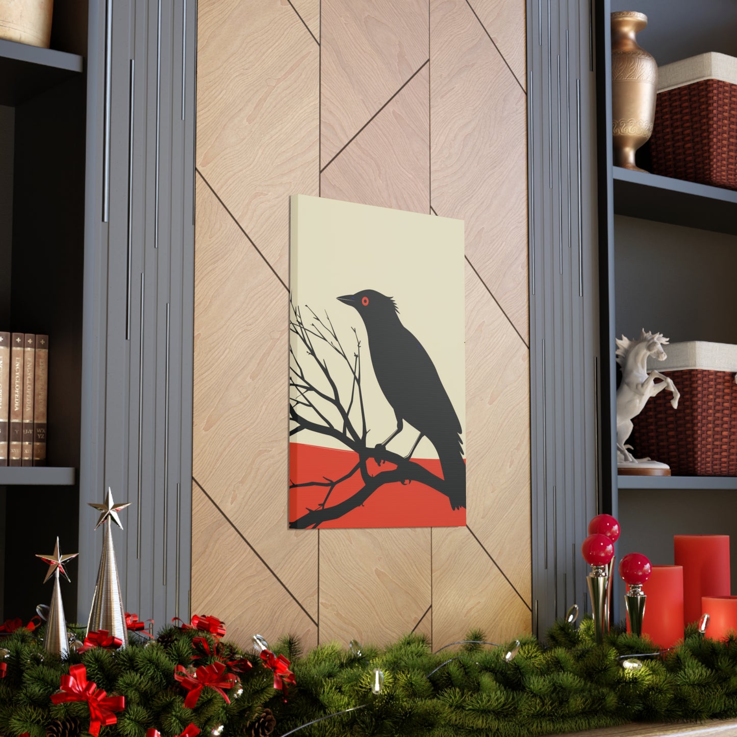 Black Bird Sitting on a Branch Digital Illustration Canvas Gallery Wraps