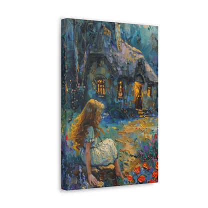 little girl sitting front of a hut in countryside Digital Oil Painting Print Canvas Gallery Wraps