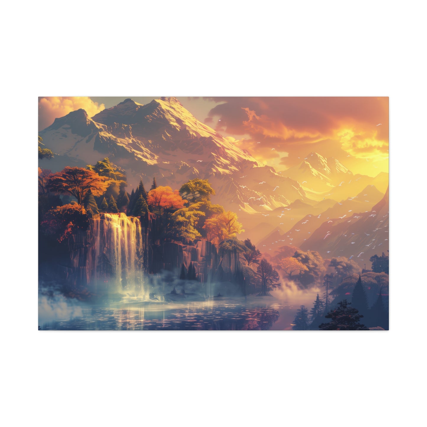 Dreamy Landscape Sunset with Waterfall and Mountains - Digital Illustration Canvas Gallery Wraps