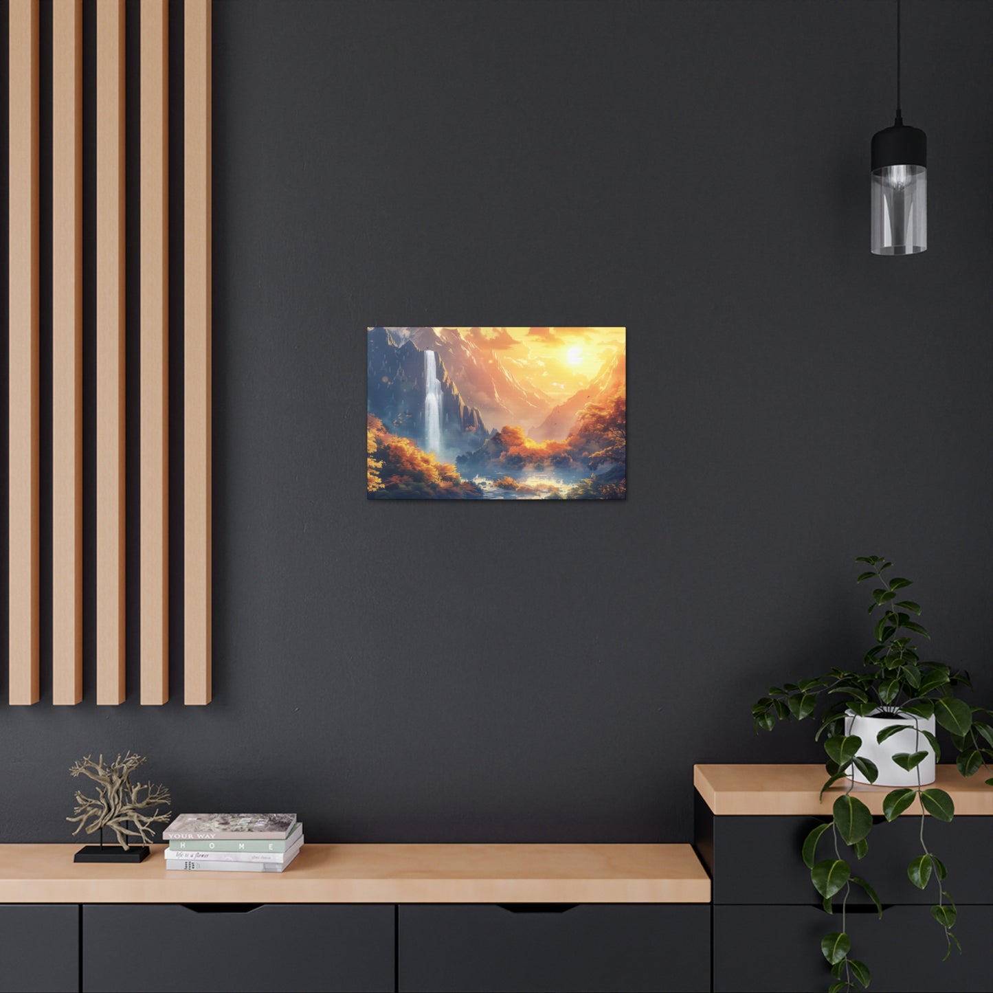 Dreamy Landscape - Waterfall and Mountains in Golden Morning Illustration Canvas Gallery Wraps