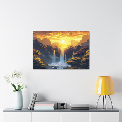 Dreamy Landscape - Waterfall and Mountains in Golden Morning Illustration Canvas Gallery Wraps