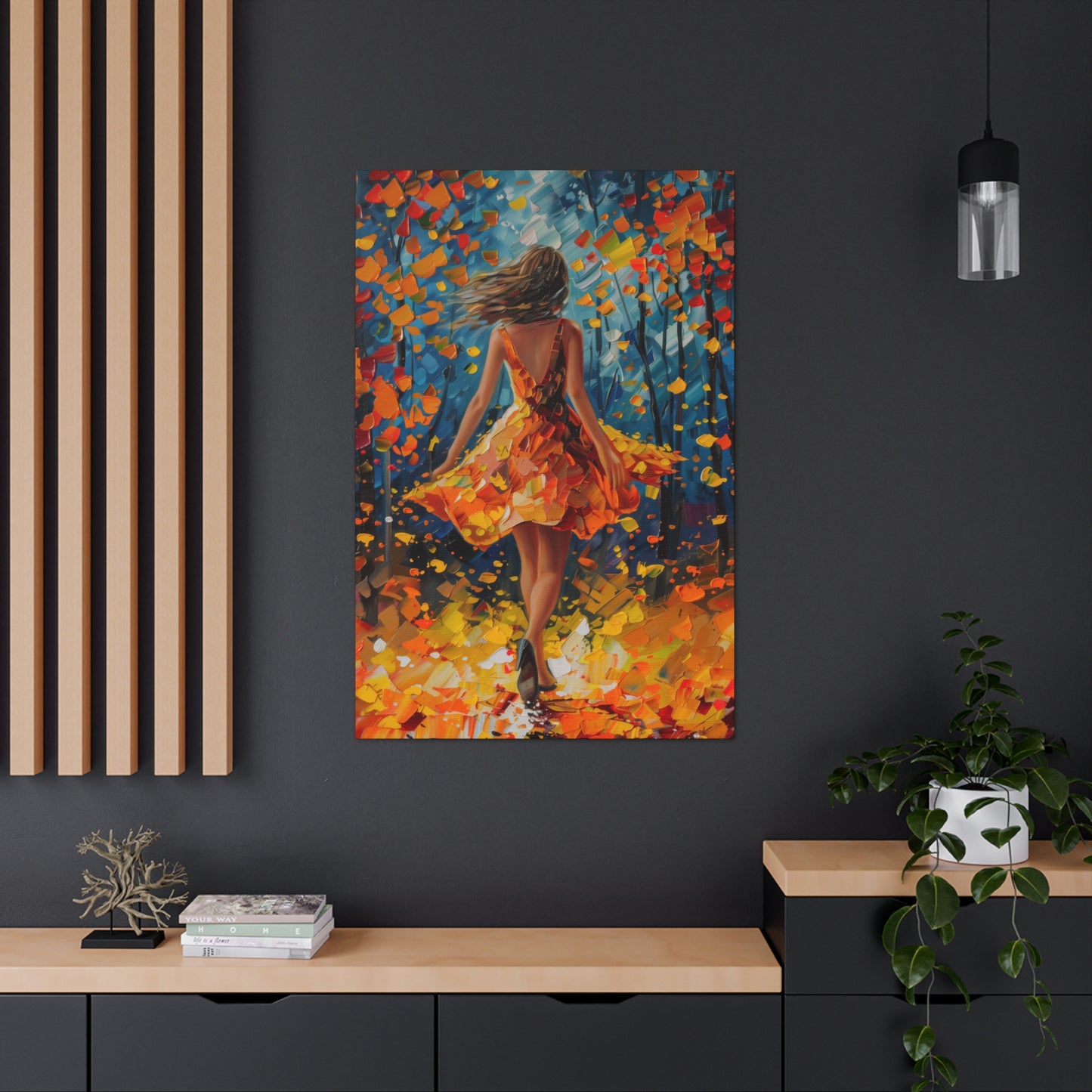 Girl with yellow dress in autumn forest - Leonid Afremov Style Digital Print Canvas Gallery Wraps