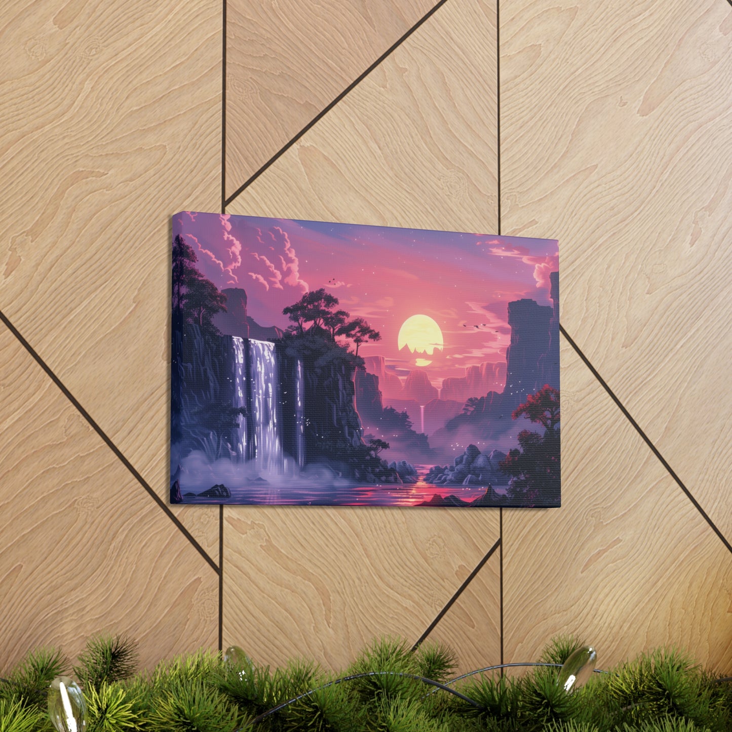 Dreamy Landscape with Waterfall and Mountains - Purple Evening Digital Illustration Canvas Gallery Wraps