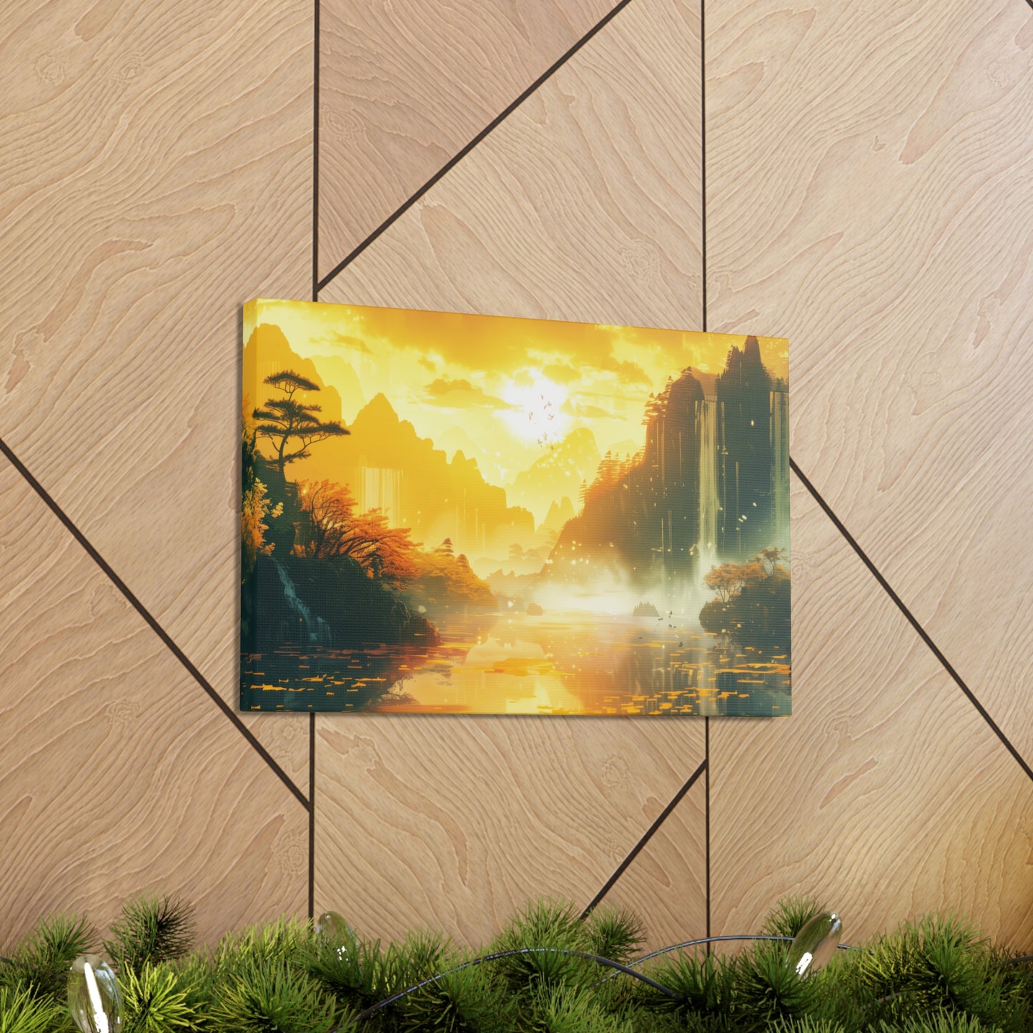 Dreamy Landscape Sunset with Waterfall and Mountains - Digital Illustration Canvas Gallery Wraps