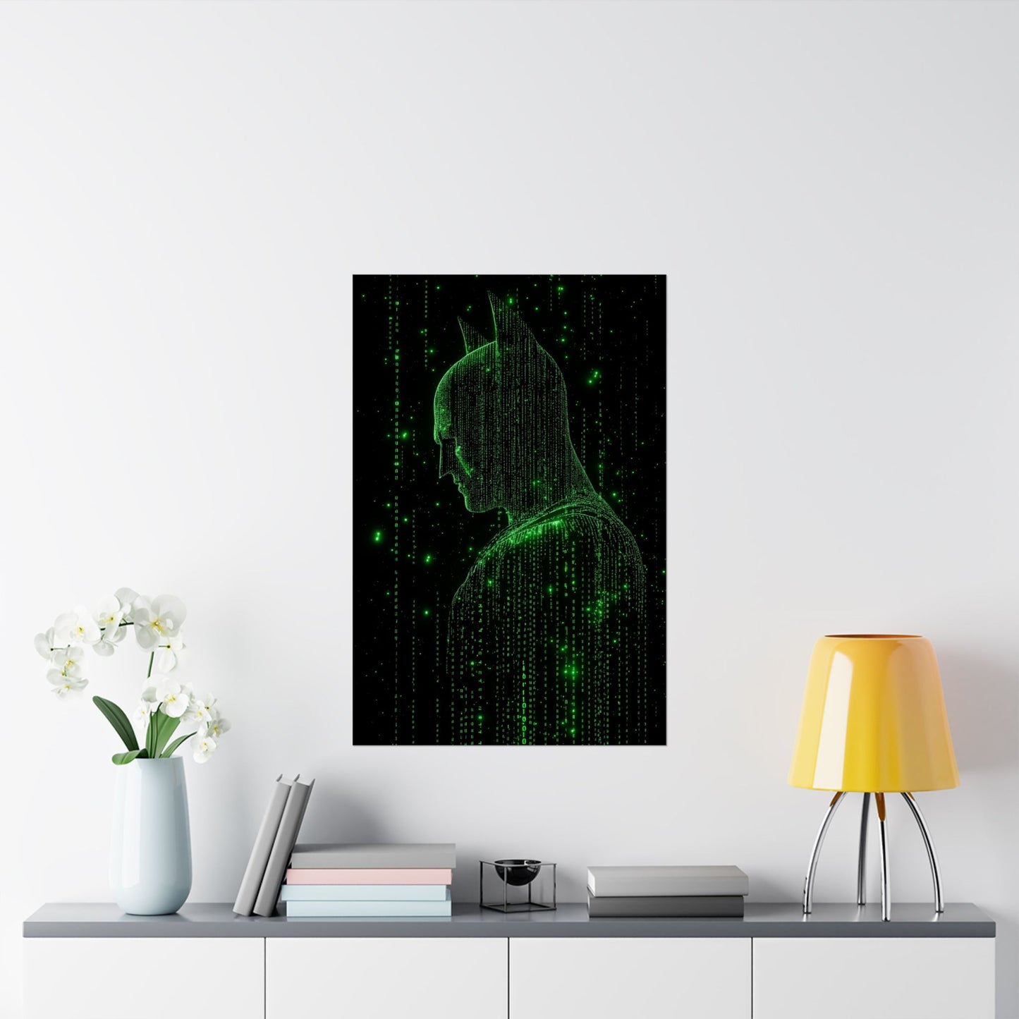 Neon Code Vigilante: 3D Glitch Batman Matrix Effect - Digital Illustration Matte Vertical Poster