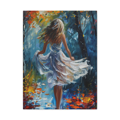 girl walking in the street wearing white dress - Leonid Afremov Style Digital Print Canvas Gallery Wraps