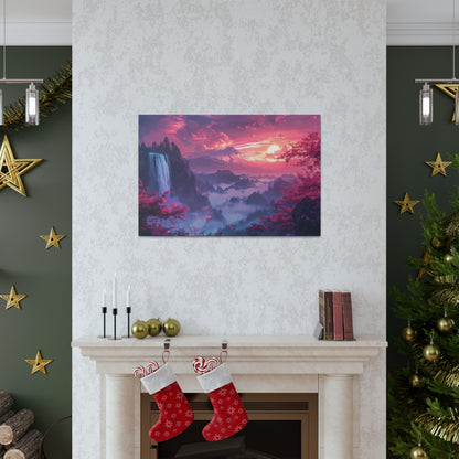 Dreamy Landscape Sunset with Waterfall and Mountains - Digital Illustration Canvas Gallery Wraps