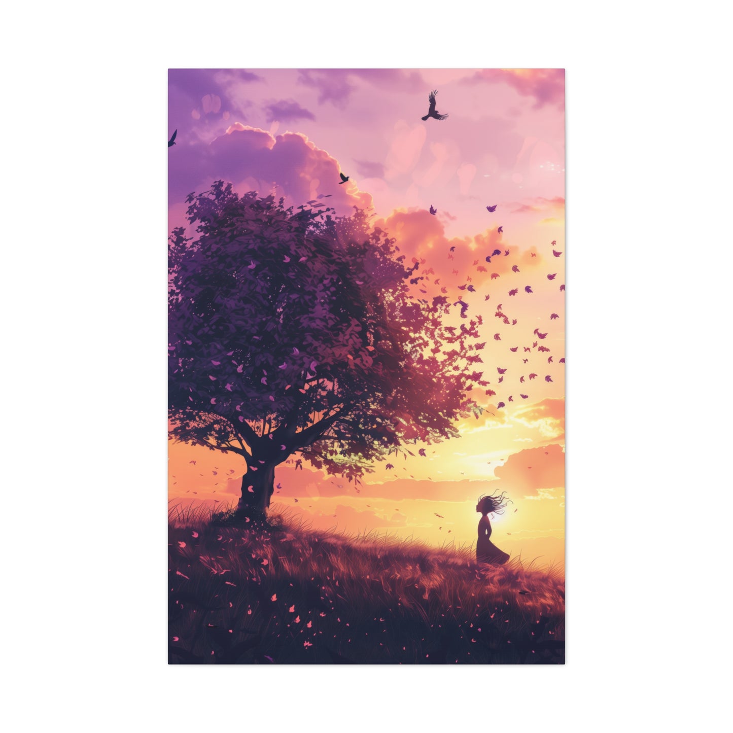 Tree in a Purple Sunset Digital Illustration Canvas Gallery Wraps