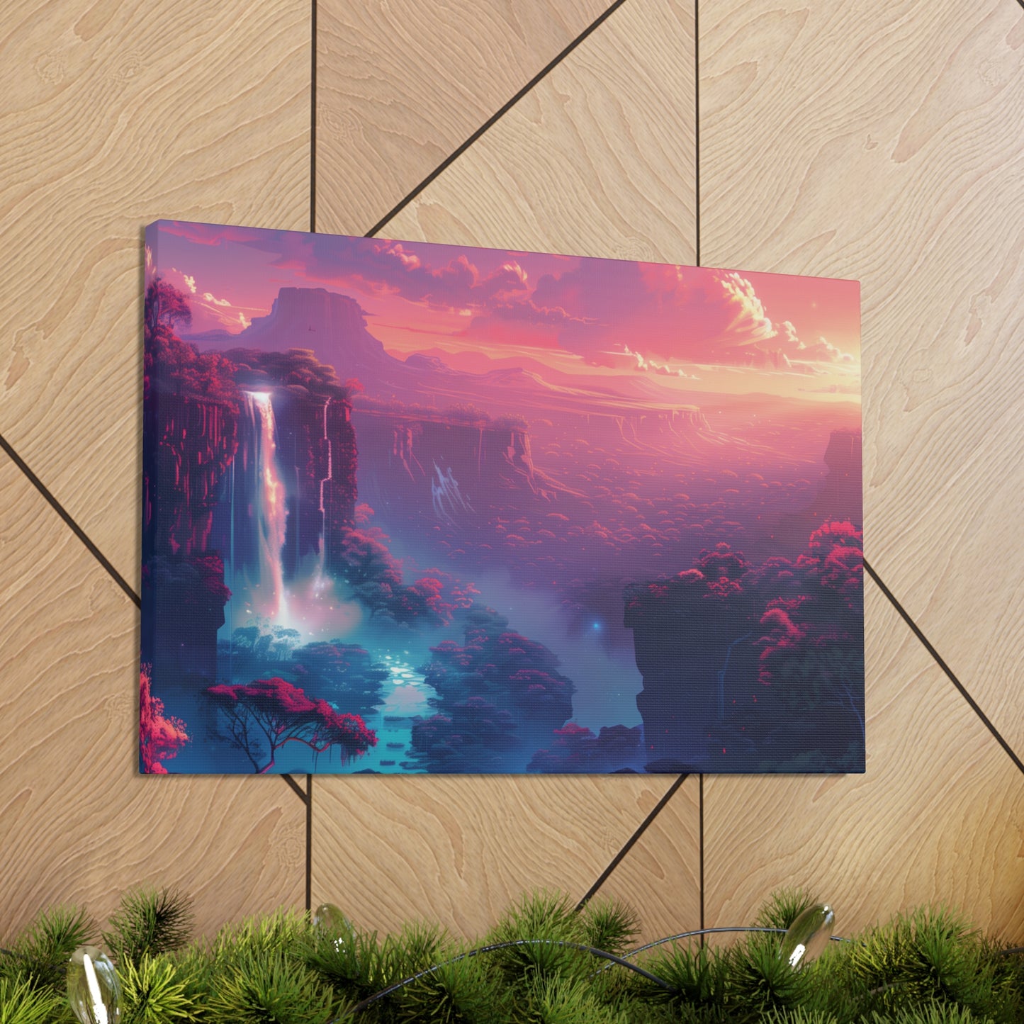 Dreamy Landscape with Waterfall and Mountains - Purple Evening Digital Illustration Canvas Gallery Wraps