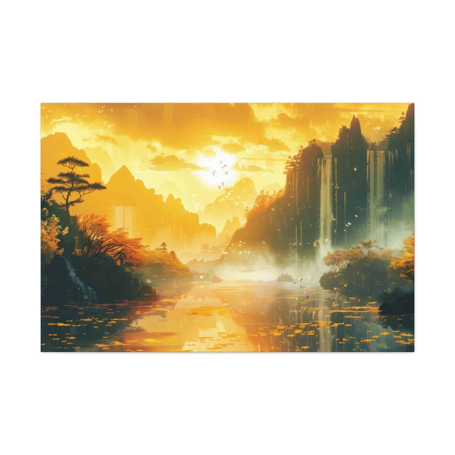 Dreamy Landscape Sunset with Waterfall and Mountains - Digital Illustration Canvas Gallery Wraps