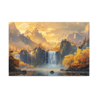 Dreamy Landscape Sunset with Waterfall and Mountains - Digital Illustration Canvas Gallery Wraps