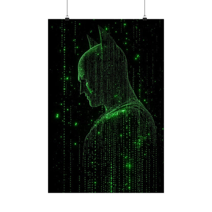 Neon Code Vigilante: 3D Glitch Batman Matrix Effect - Digital Illustration Matte Vertical Poster