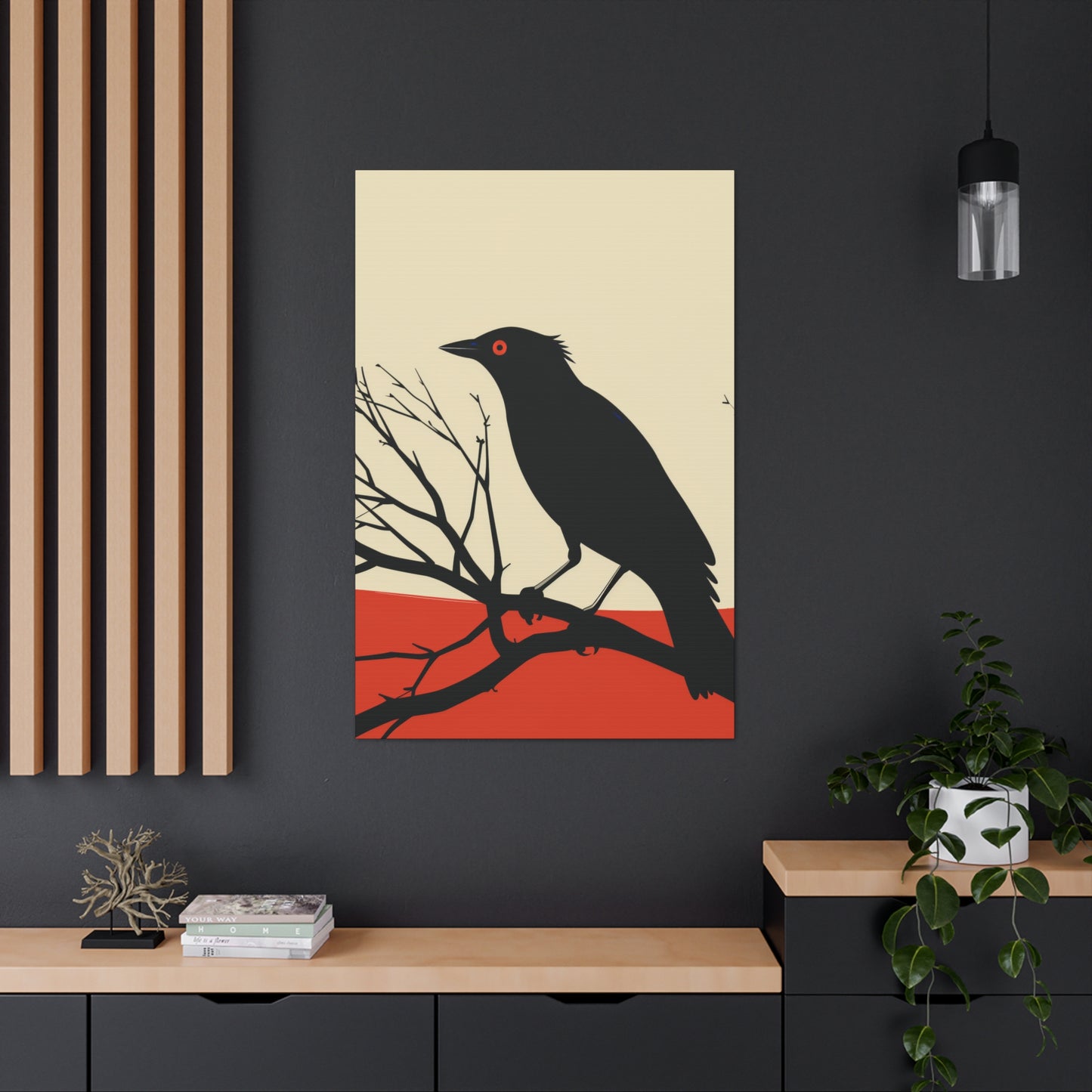 Black Bird Sitting on a Branch Digital Illustration Canvas Gallery Wraps