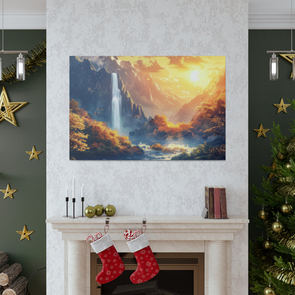 Dreamy Landscape - Waterfall and Mountains in Golden Morning Illustration Canvas Gallery Wraps