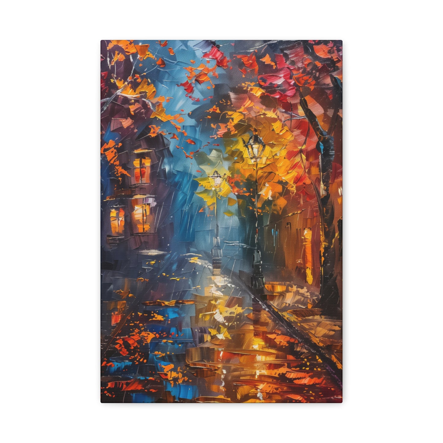 Nighttime Street in Autumn - Leonid Afremov Style Digital Oil Painting Canvas Gallery Wraps