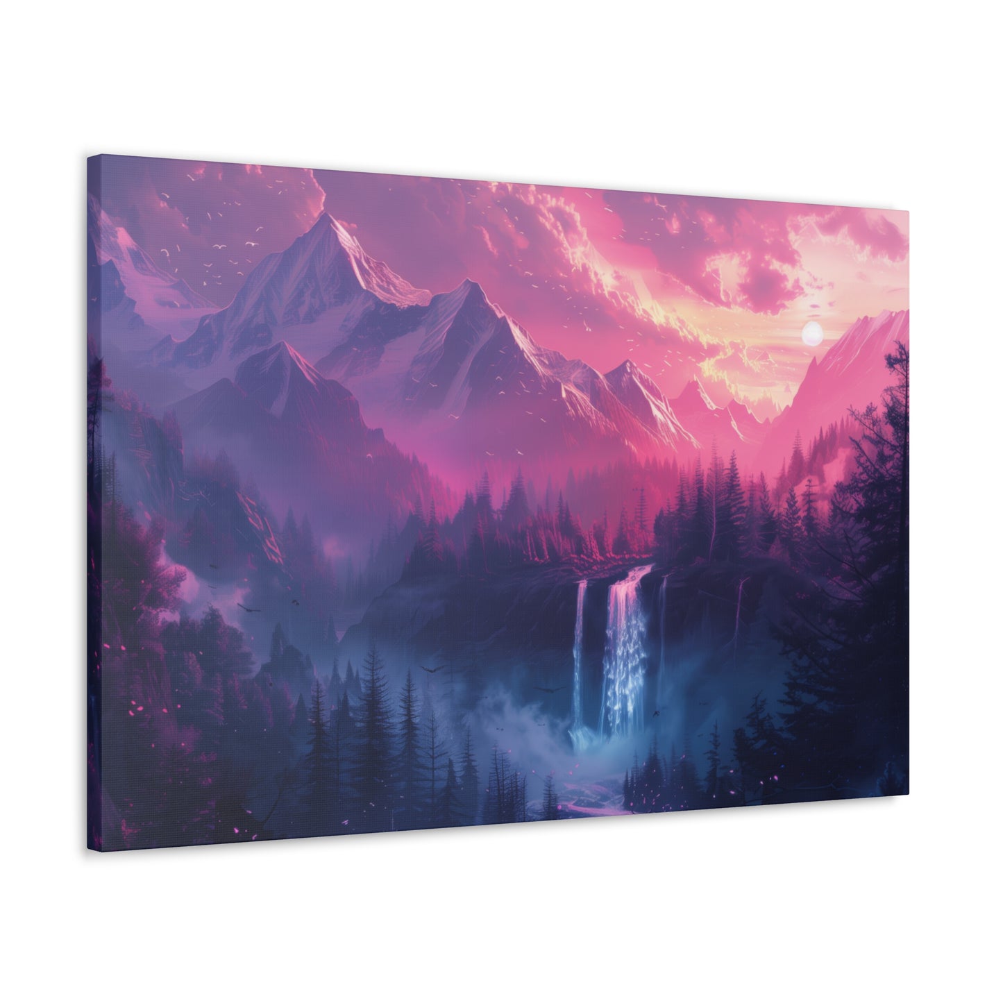 Dreamy Landscape Sunset with Waterfall and Mountains - Digital Illustration Canvas Gallery Wraps