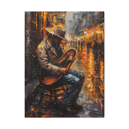 Street Harpist - Rembrandt Style Digital Oil Painting Canvas Gallery Wraps