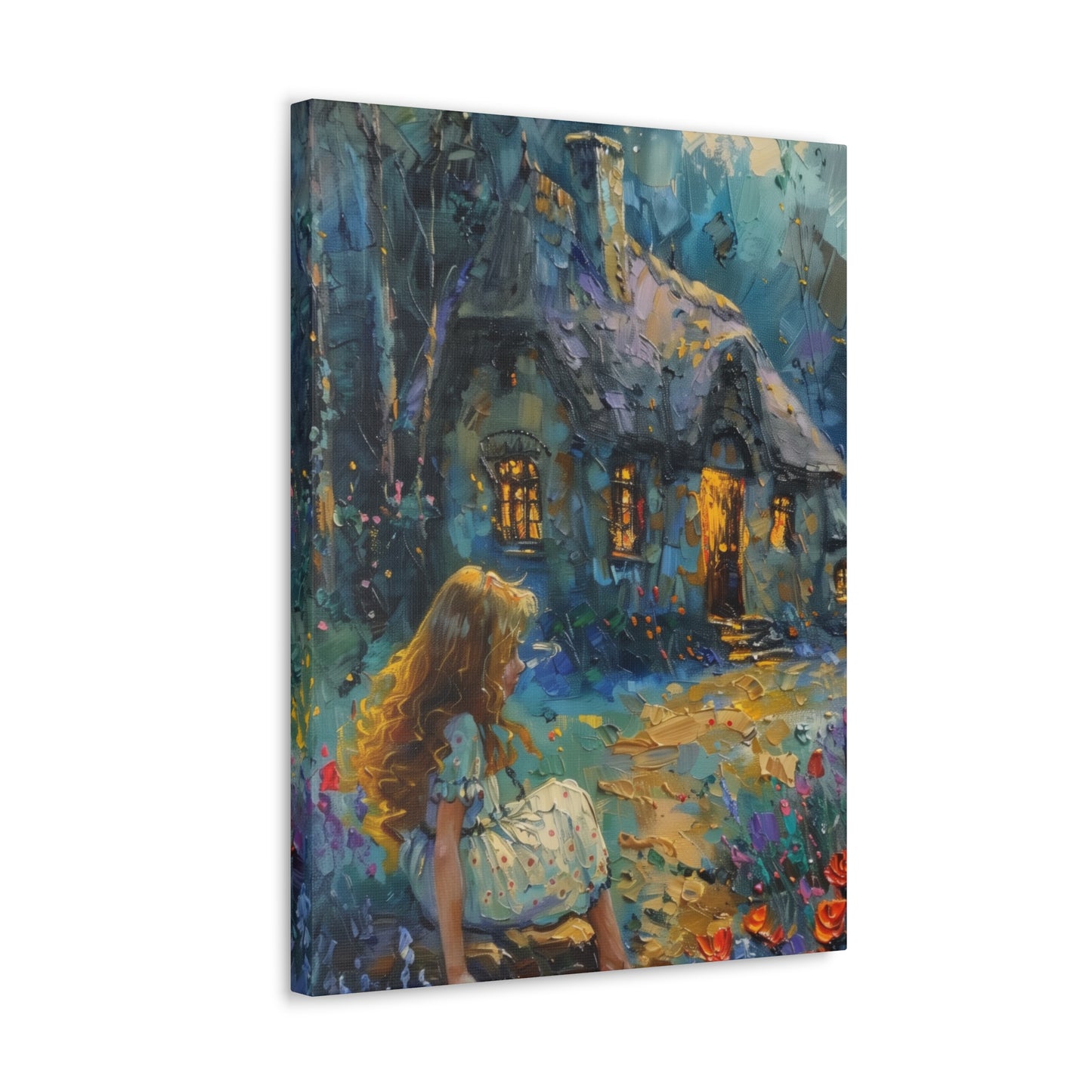 little girl sitting front of a hut in countryside Digital Oil Painting Print Canvas Gallery Wraps