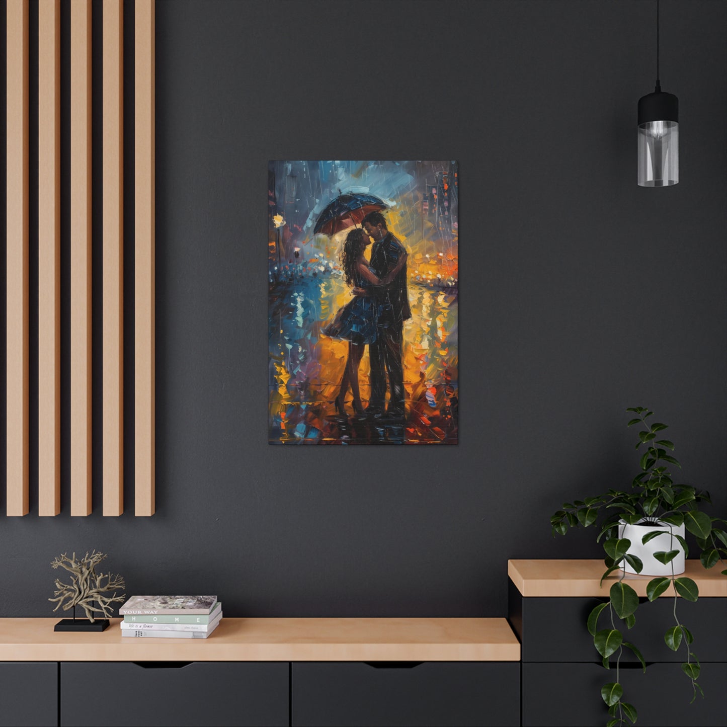 couple in the city streets in a rainy day with umbrella - Leonid Afremov Style Digital Print Canvas Gallery Wraps