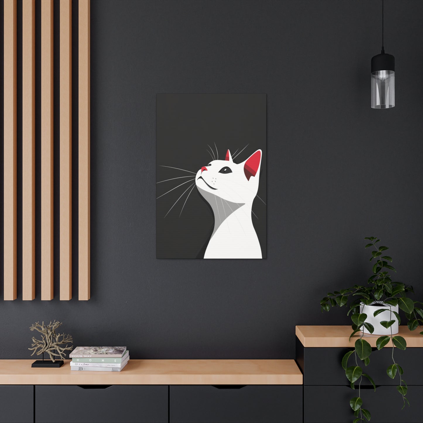 White Cat in Black Background Digital Illustration Canvas Gallery Wraps