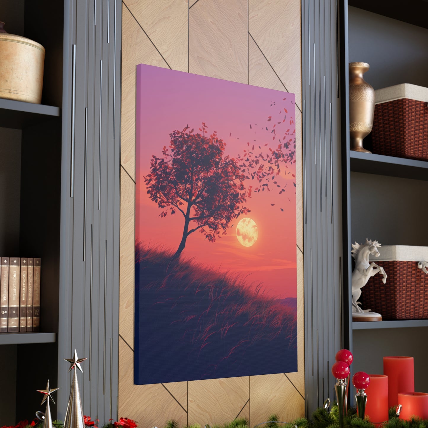 Tree in a Purple Sunset Digital Illustration Canvas Gallery Wraps