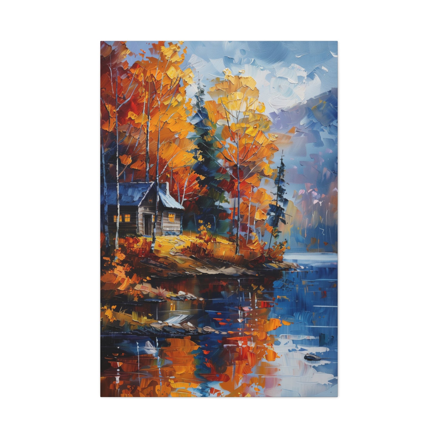 a house near the river which flows through autumn forest - Leonid Afremov Style Digital Print Canvas Gallery Wraps