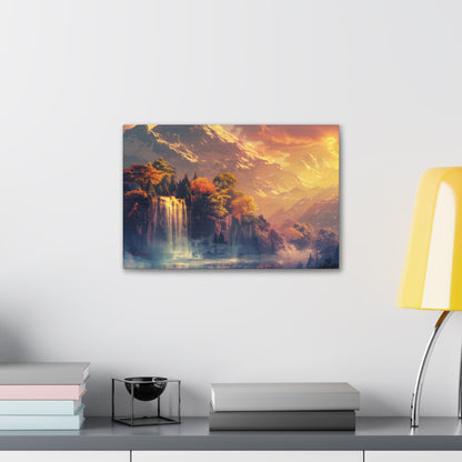 Dreamy Landscape Sunset with Waterfall and Mountains - Digital Illustration Canvas Gallery Wraps