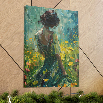 girl in a flower field wearing a green dress Digital Oil Painting Print Canvas Gallery Wraps