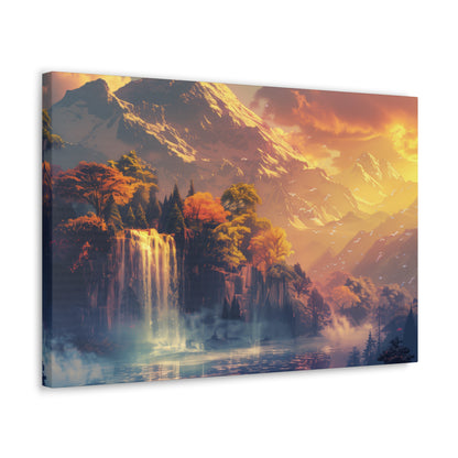 Dreamy Landscape Sunset with Waterfall and Mountains - Digital Illustration Canvas Gallery Wraps