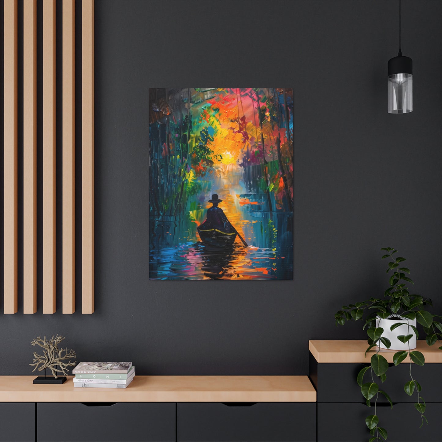 Man Sailing in a Boat in a Autumn Forest River - Claude Monet Style Digital Print Canvas Gallery Wraps