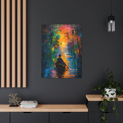 Man Sailing in a Boat in a Autumn Forest River - Claude Monet Style Digital Print Canvas Gallery Wraps