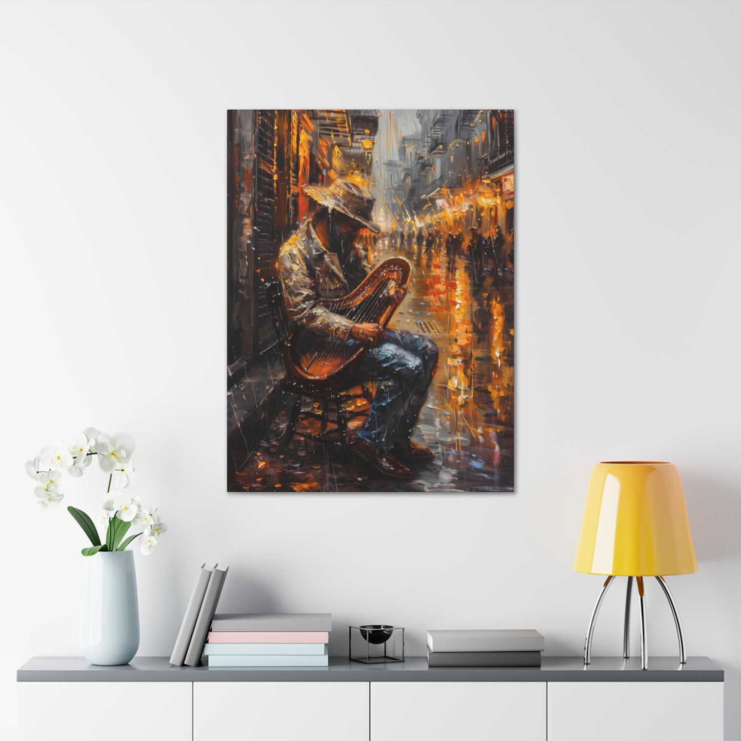 Street Harpist - Rembrandt Style Digital Oil Painting Canvas Gallery Wraps