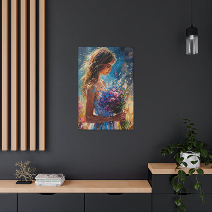 girl holding a flower bouquet - Leonid Afremov Style Digital Print Canvas Gallery Wraps