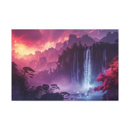 Dreamy Landscape Sunset with Waterfall and Mountains - Digital Illustration Canvas Gallery Wraps