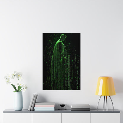 Neon Code Guardian: 3D Glitch Superman Matrix Effect - Digital Illustration Matte Vertical Poster