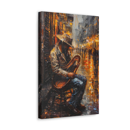 Street Harpist - Rembrandt Style Digital Oil Painting Canvas Gallery Wraps