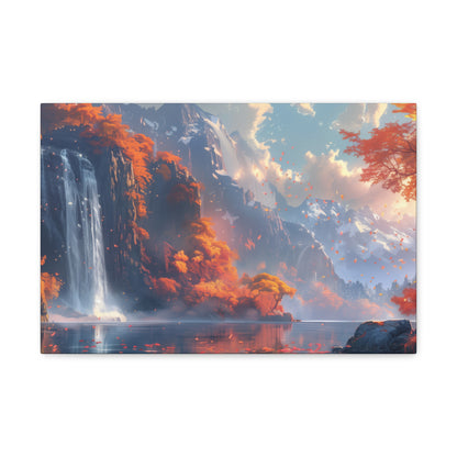 Dreamy Landscape Sunset with Waterfall and Mountains - Digital Illustration Canvas Gallery Wraps