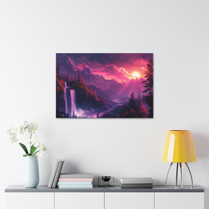 Dreamy Landscape with Waterfall and Mountains - Purple Evening Digital Illustration Canvas Gallery Wraps