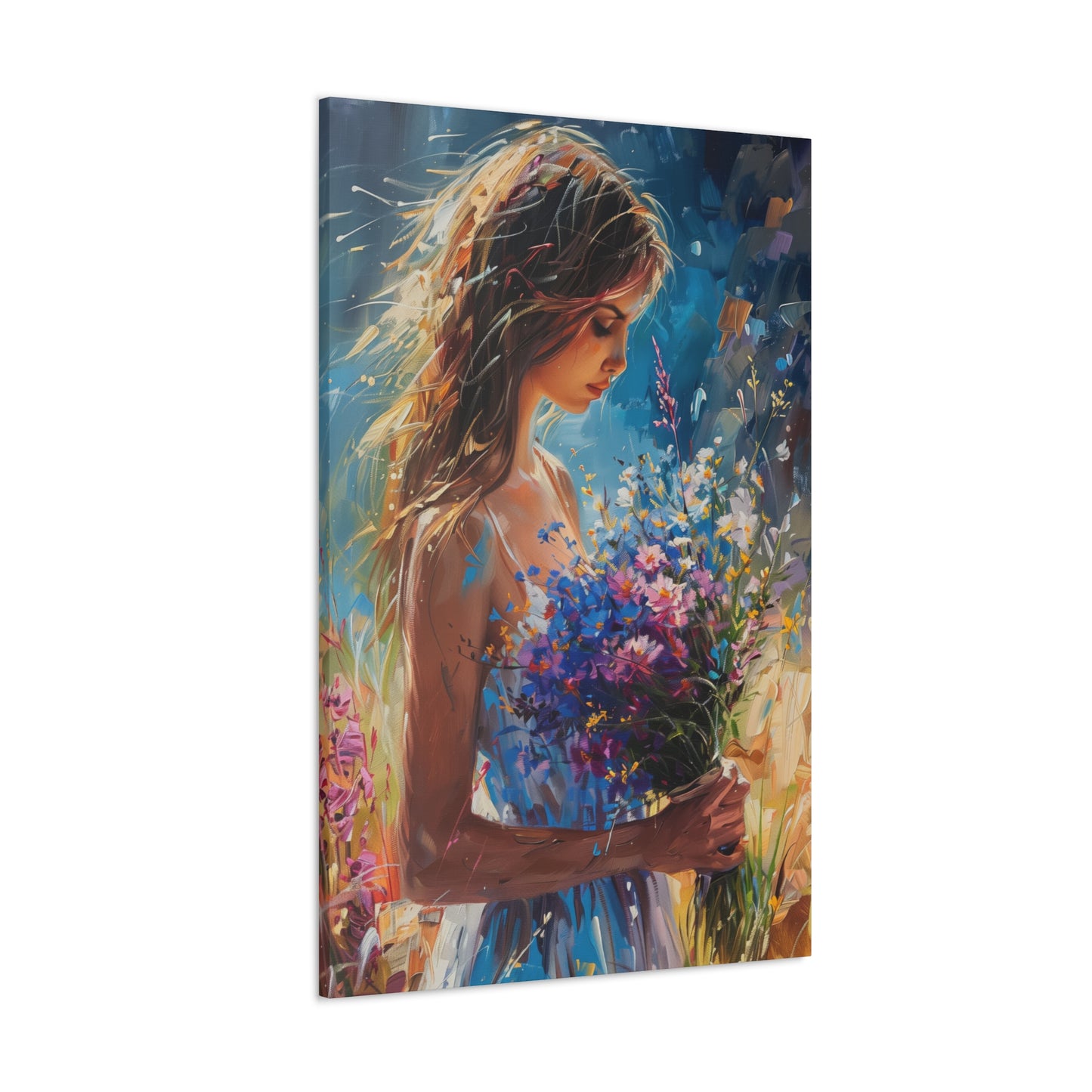 girl holding a flower bouquet - Leonid Afremov Style Digital Print Canvas Gallery Wraps