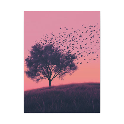 Tree in a Purple Sunset Digital Illustration Canvas Gallery Wraps