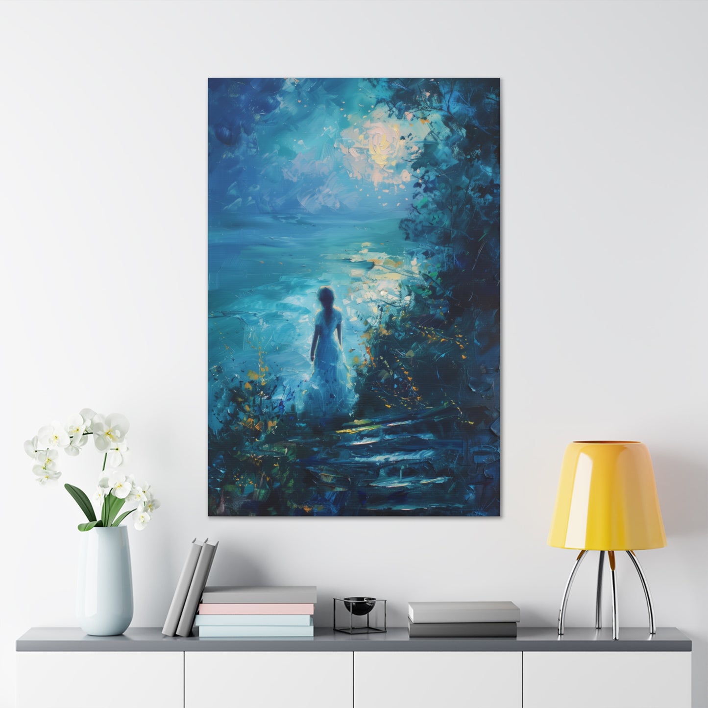 Woman looking at sea night time Digital Oil Painting Print Canvas Gallery Wraps