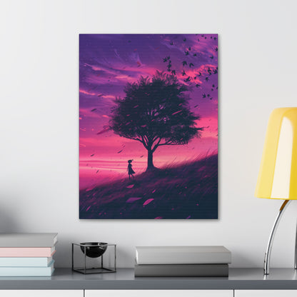 Tree in a Purple Sunset Digital Illustration Canvas Gallery Wraps