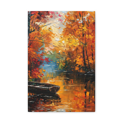 Boat in river side which flows through autumn forest - Leonid Afremov Style Digital Print Canvas Gallery Wraps