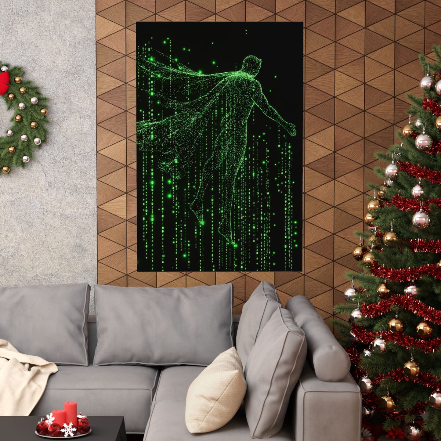 Neon Code Guardian: 3D Glitch Superman Matrix Effect - Digital Illustration Matte Vertical Poster