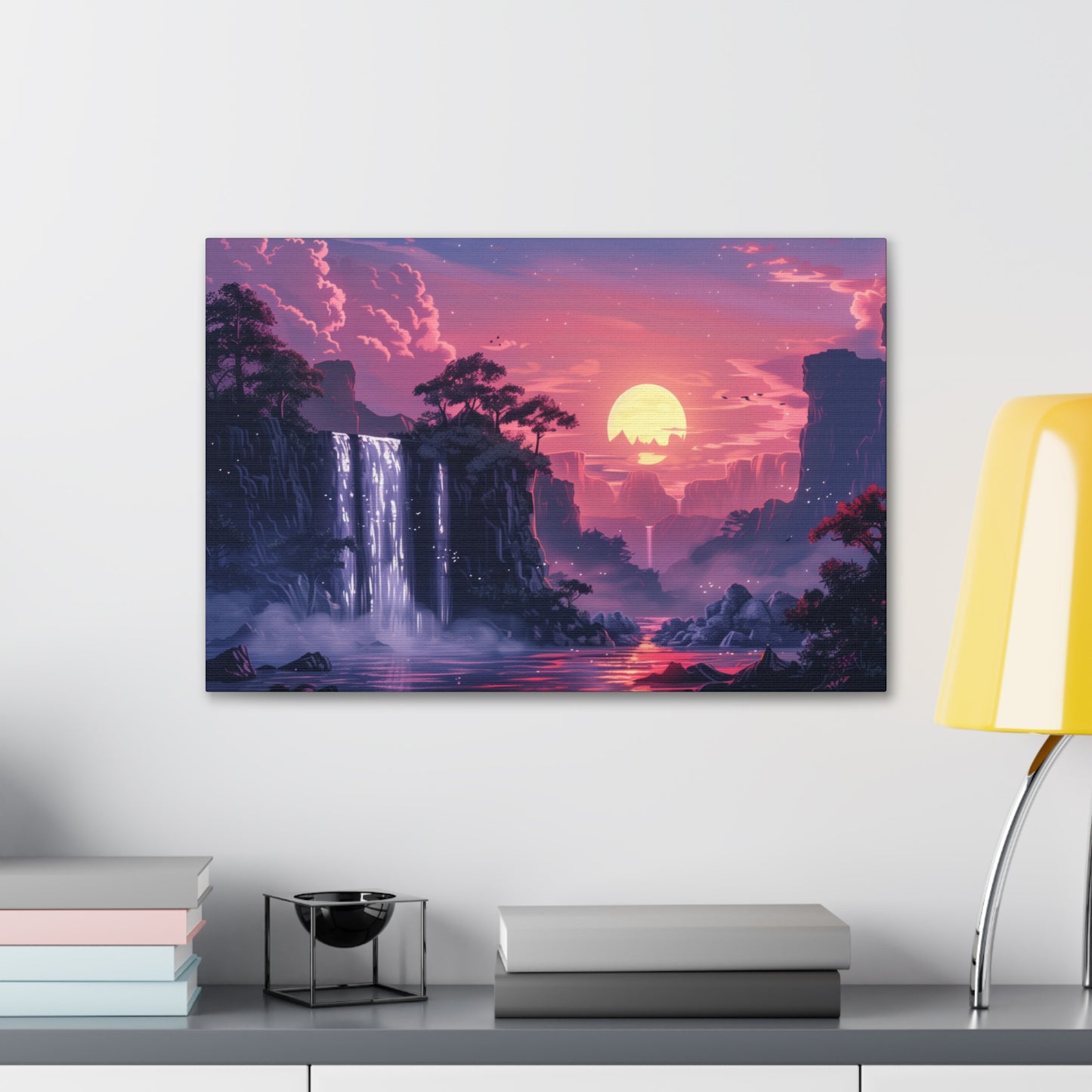 Dreamy Landscape with Waterfall and Mountains - Purple Evening Digital Illustration Canvas Gallery Wraps