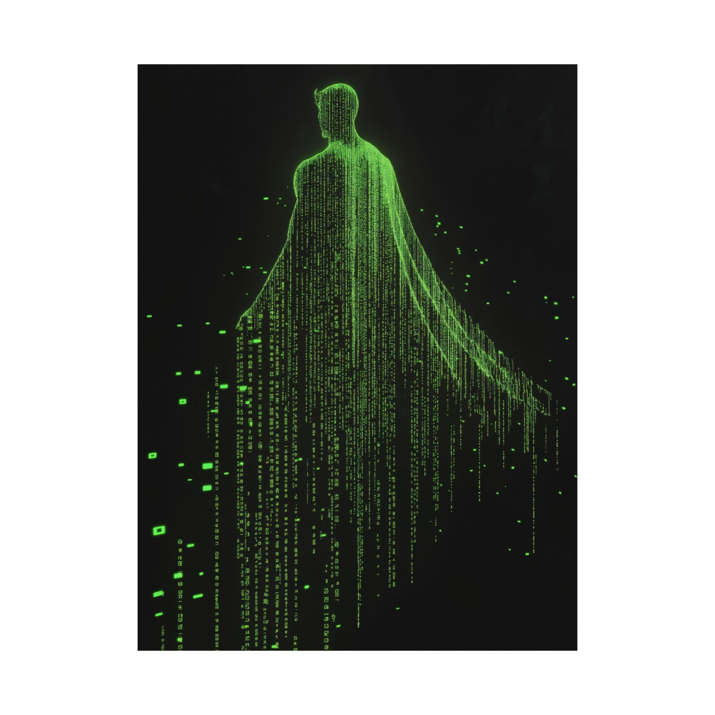 Neon Code Guardian: 3D Glitch Superman Matrix Effect - Digital Illustration Matte Vertical Poster