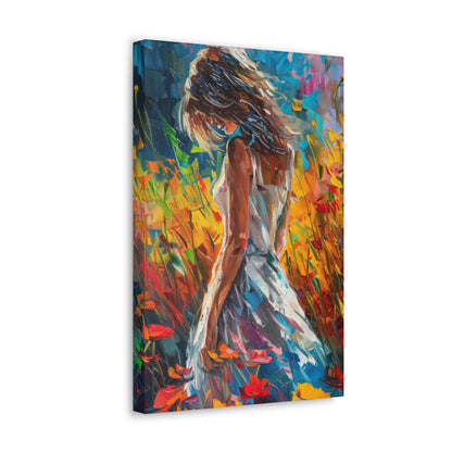 a girl standing in flower field Digital Oil Painting Print Canvas Gallery Wraps