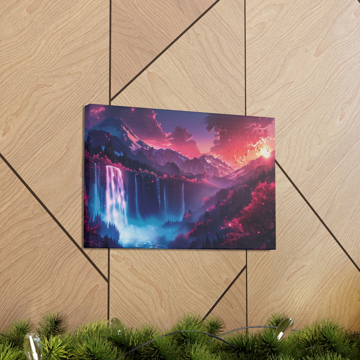 Dreamy Landscape Sunset with Waterfall and Mountains - Digital Illustration Canvas Gallery Wraps